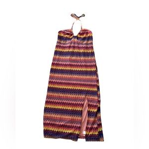 Multi-colored crochet halter midi dress with front slit